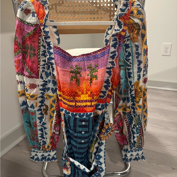 Farm Rio Colorful Bohemian Romper with Floral Patterns and Belt - Picture 2 of 2